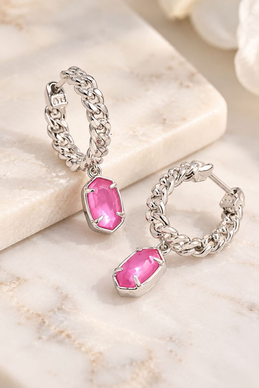 Kendra Scott Emilie Silver Beaded Huggie Earrings Pink Azalea Illusion $60 NWT